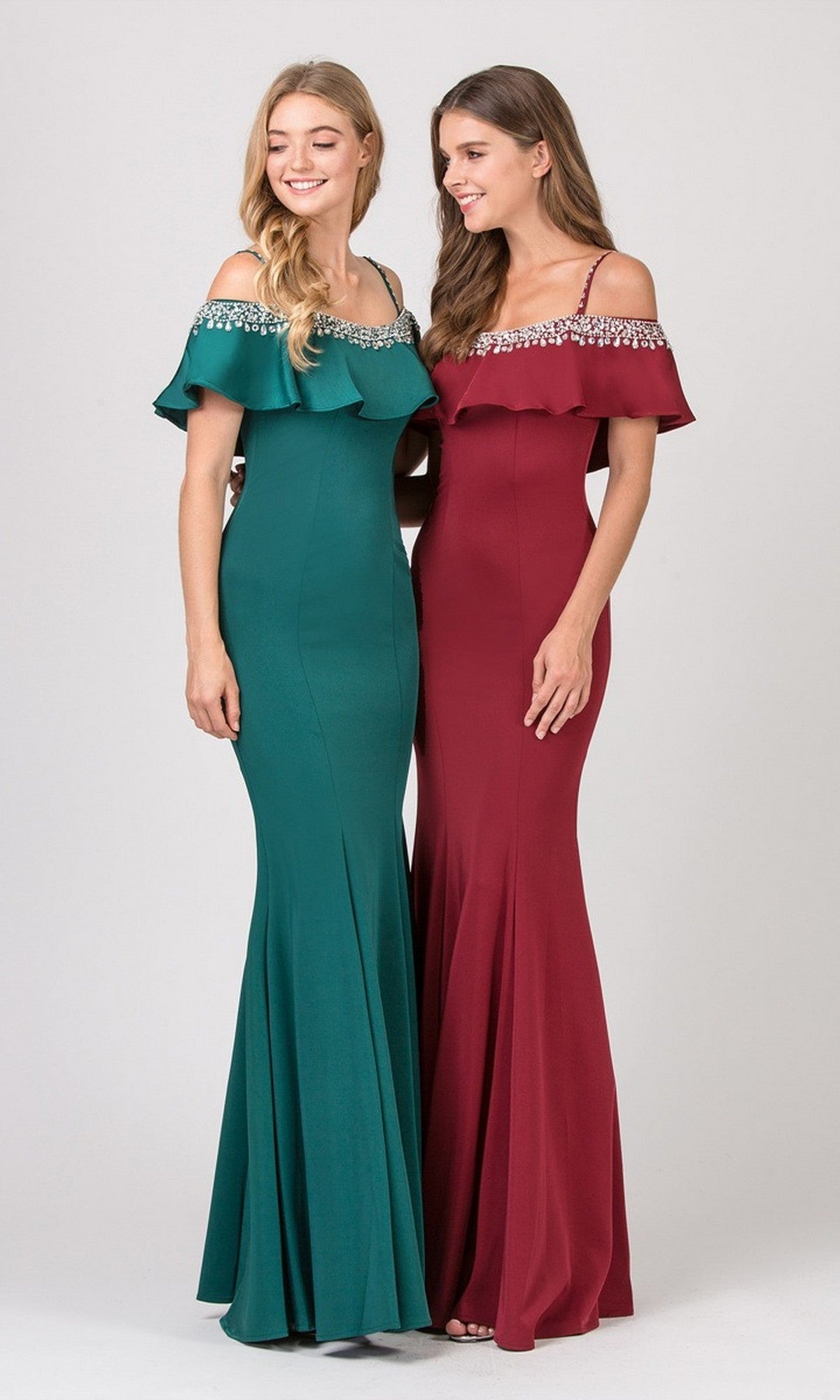 Two women stand side by side, each wearing the Eureka 7333 Long Prom Dress—one in hunter green and one in red—with beaded detailing along the off-the-shoulder neckline.